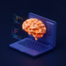 Avatar conceptual de Álex Navarro: portátil con cerebro de IA en estilo low-poly, azul y naranja