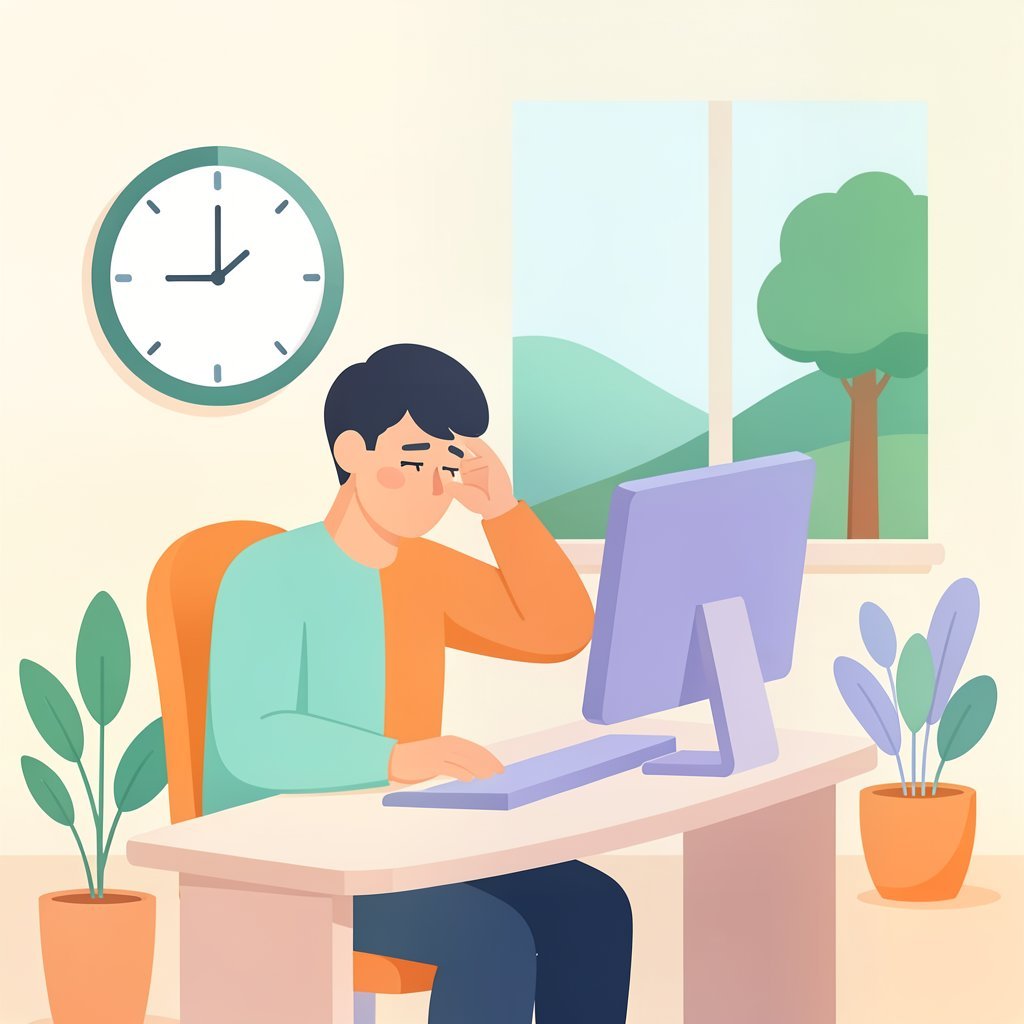 Ilustración flat de un hombre con dolor de cabeza frente a un monitor, símbolo de la fatiga visual digital
