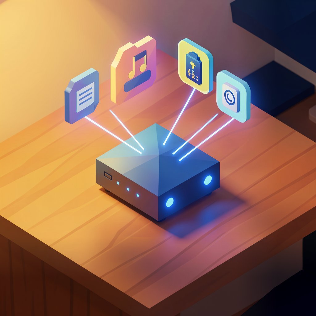 Ilustración low-poly de un servidor doméstico self-hosted junto a un portátil conectado
