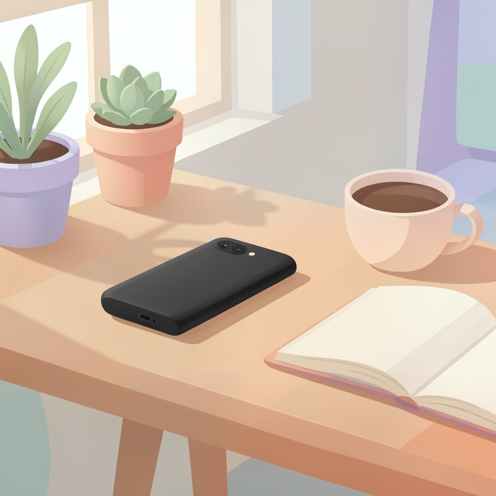 Dumbphone con teclado físico sobre una mesa, junto a un smartphone apagado