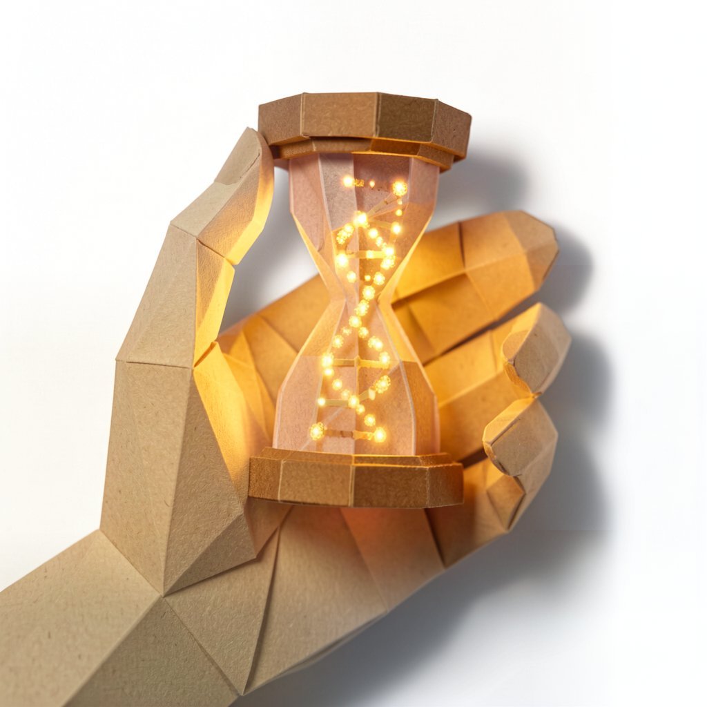 Ilustración en origami de un reloj biológico con engranajes y una línea temporal del envejecimiento