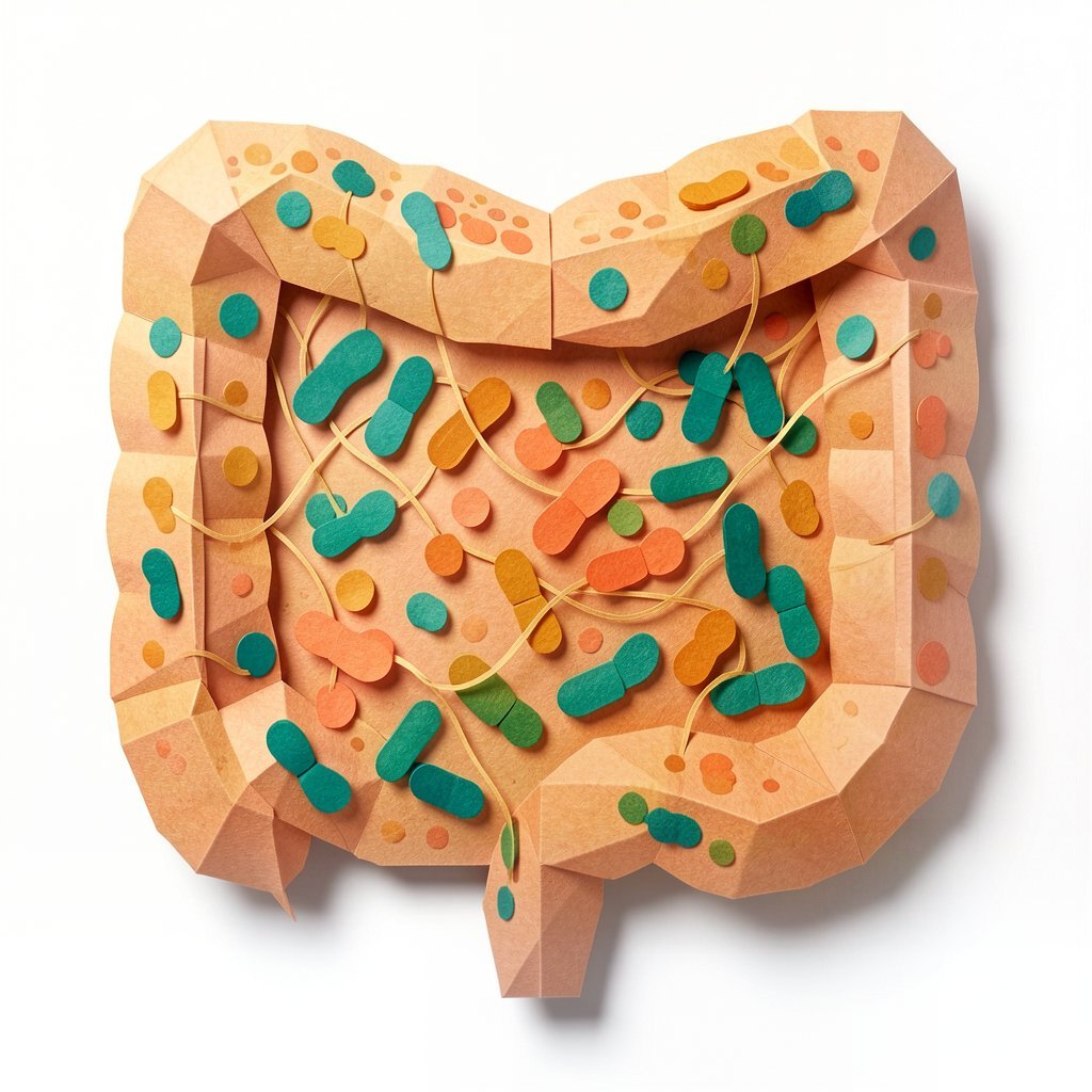 Ilustración en origami de un intestino sano rodeado de bacterias del microbioma