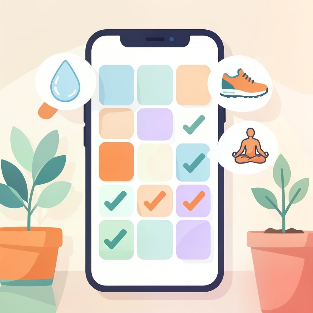 Ilustración flat vector de app de seguimiento de hábitos con grid de checkmarks e iconos de actividades diarias: gota de agua, libro, zapatilla, meditación y planta creciendo