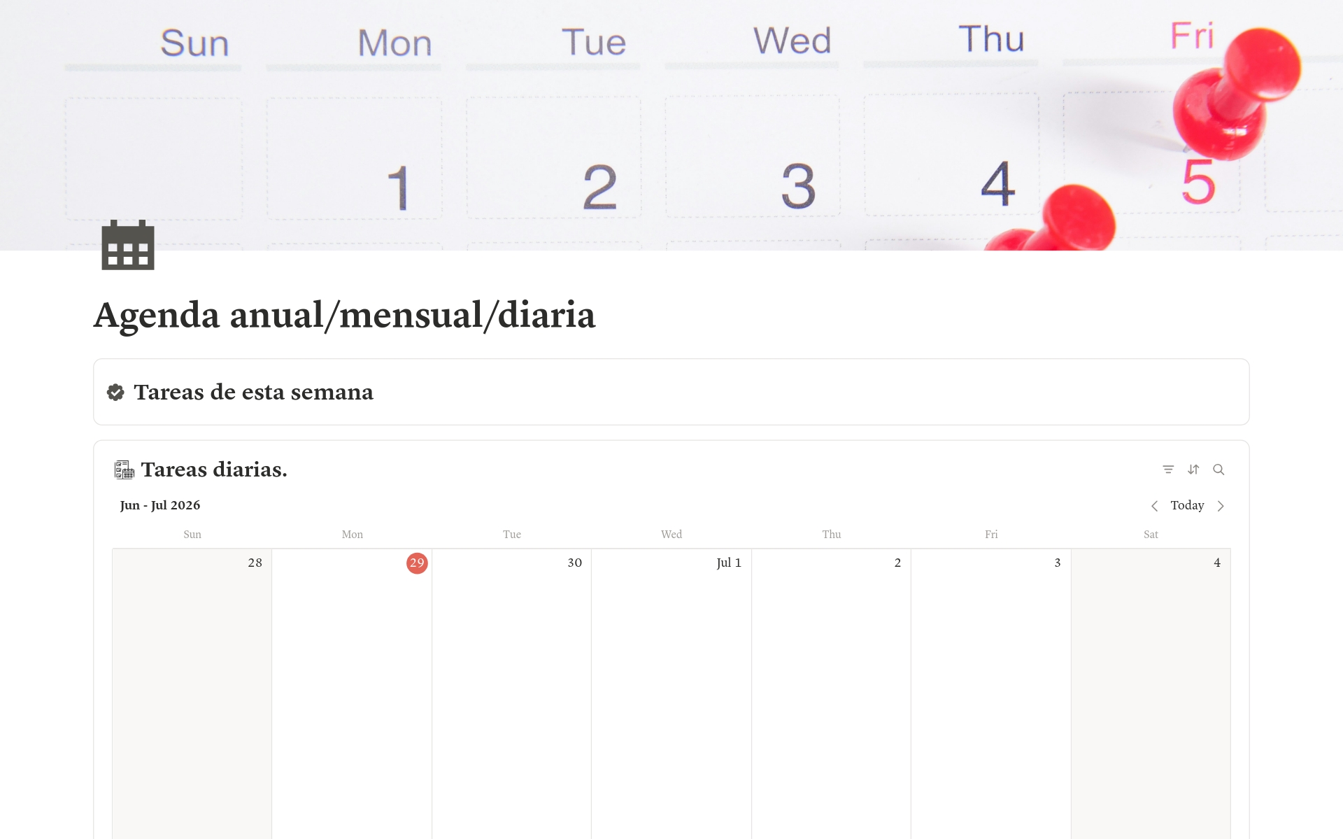 Plantilla de planificador anual, mensual y diario en Notion