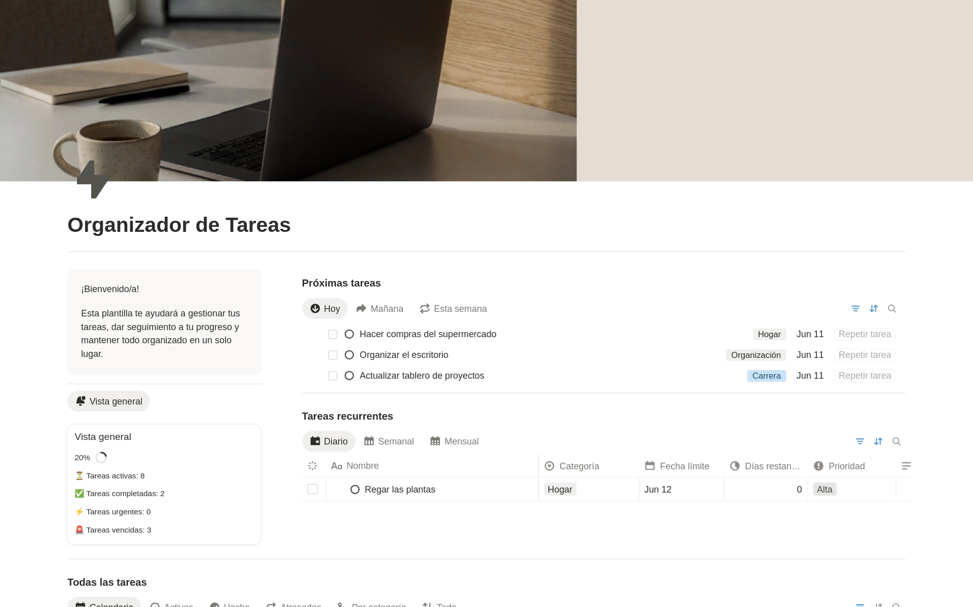 Plantilla gratuita Organizador de Tareas en Notion, en español