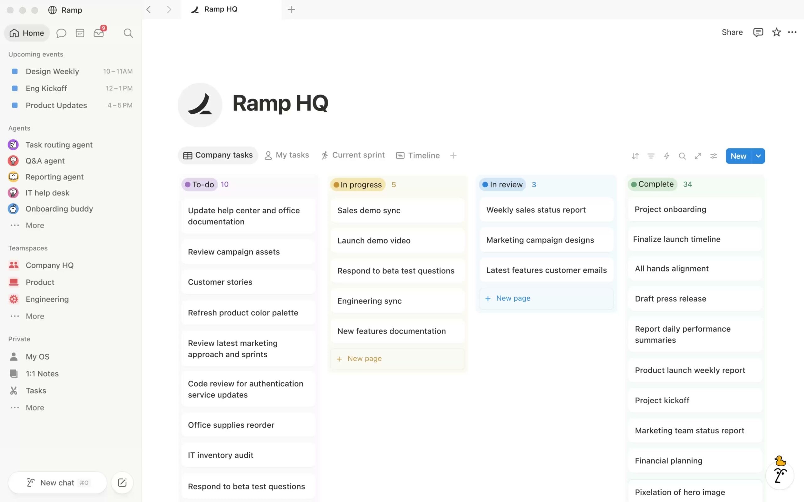 Espacio de trabajo en Notion con página principal, calendario y base de datos de tareas en vista Kanban
