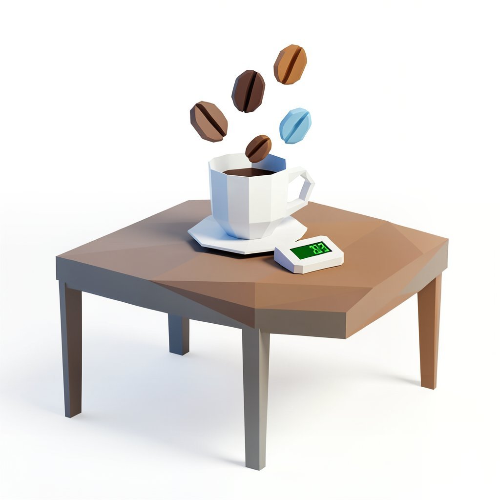 Taza de café con taza medidora, ilustración origami sobre el límite de cafeína diario