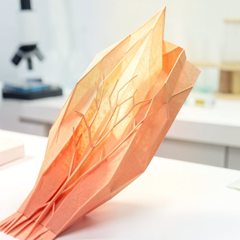 Escultura geométrica con forma de árbol estilizado en tonos melocotón, iluminada desde dentro sobre una mesa de laboratorio con un microscopio desenfocado al fondo