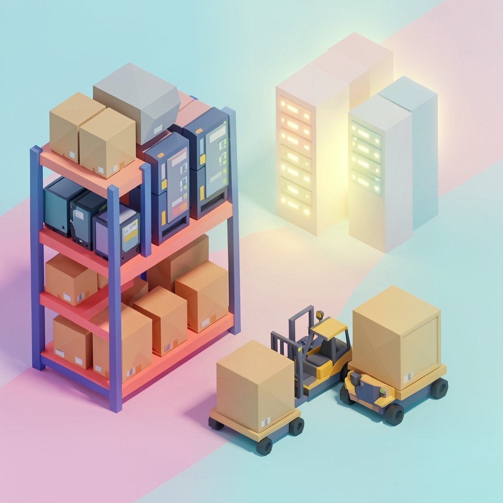 Ilustración 3D de un almacén con estanterías de cajas y servidores, y una carretilla elevadora transportando mercancía