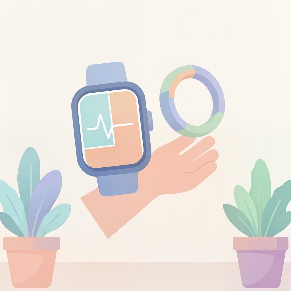 Ilustración plana de una muñeca con un reloj inteligente que muestra una línea de latido y anillos de actividad, flanqueada por dos plantas
