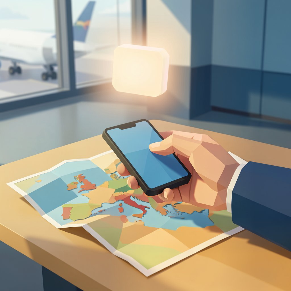 Mano sosteniendo un móvil sobre un mapa de Europa en un aeropuerto, con un chip eSIM flotante