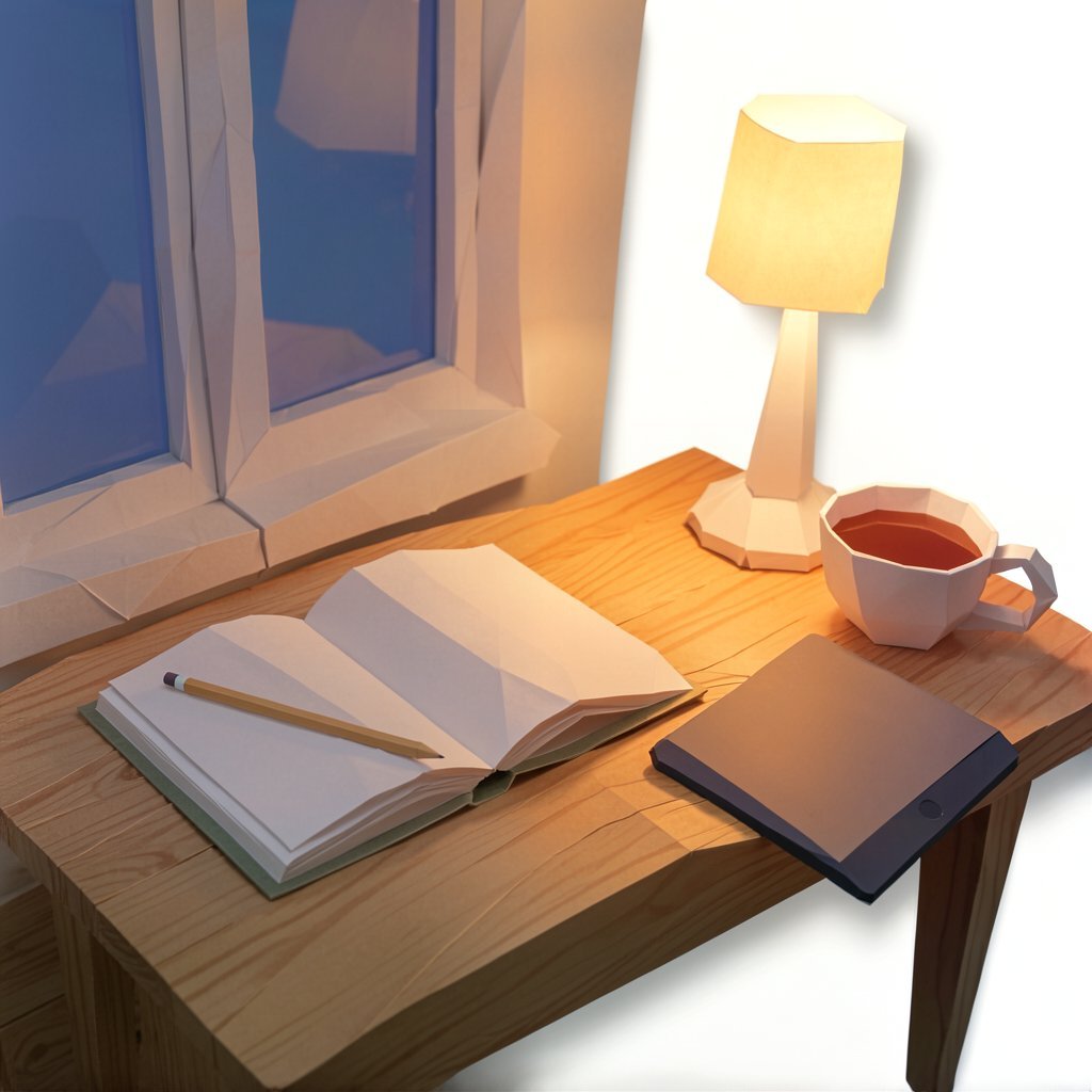 Libro abierto con un lápiz junto a una tableta sobre un escritorio de madera: ilustración en papel plegado sobre leer en papel o en pantalla