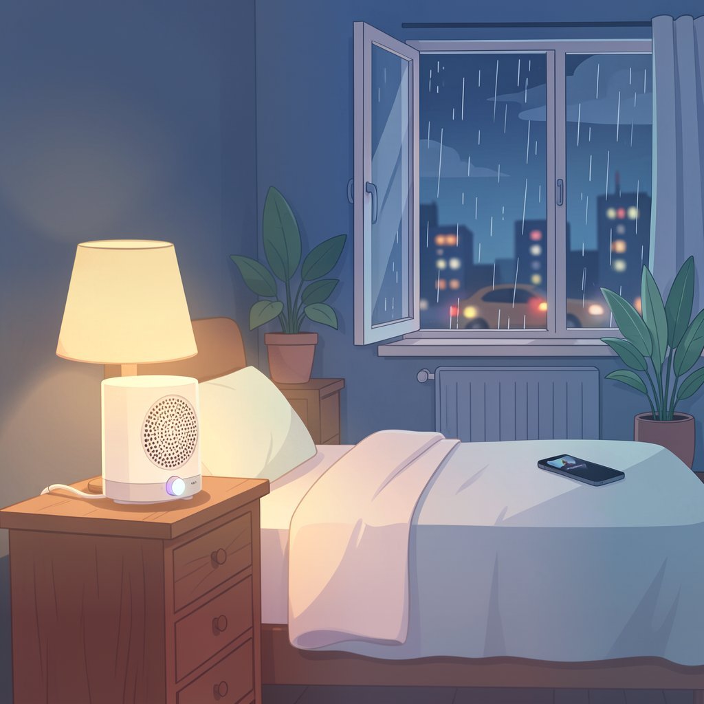Ilustración de una máquina de ruido blanco sobre una mesita de noche en un dormitorio en penumbra