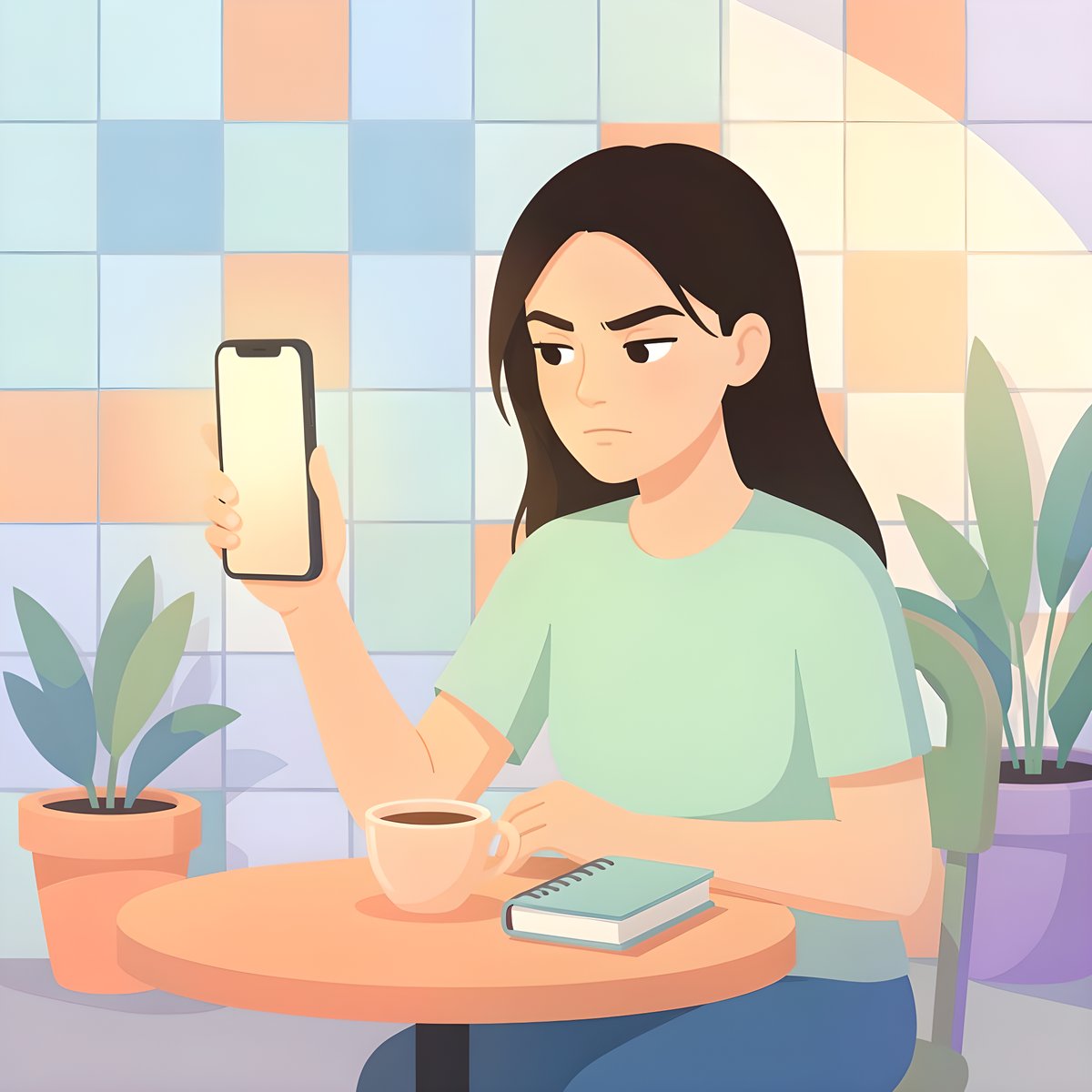 Ilustración de una joven en la terraza de un café que mira con desconfianza la pantalla de su móvil, junto a una taza de café y una libreta