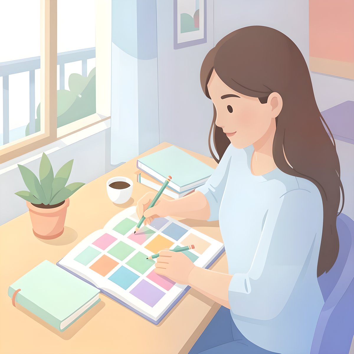 Ilustración de una mujer que colorea bloques de colores en una agenda semanal de papel, junto a una taza de café, una planta y varios cuadernos